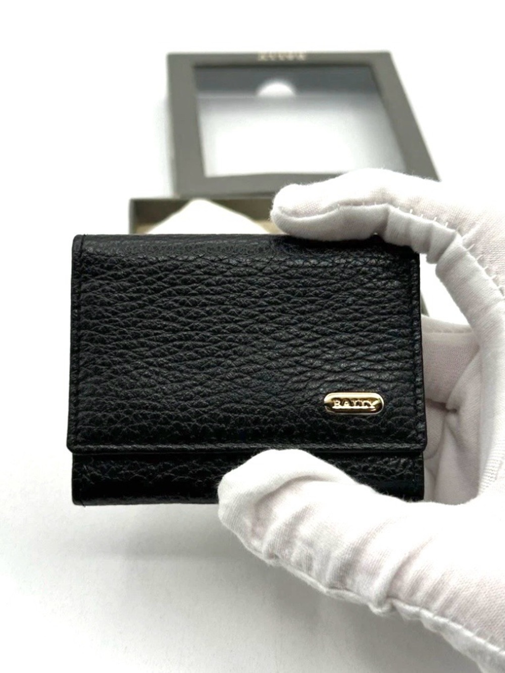 Bally Black Pebbled Leather Card Holder with Gold Logo, Original Box & Dust Bag